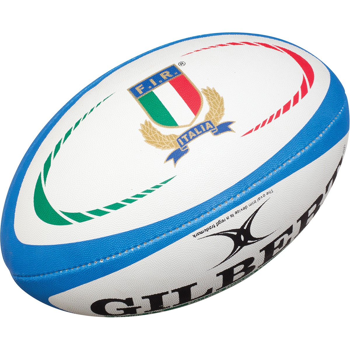 White rugby ball featuring blue accents, the Italian flag, and the F.I.R. logo, with "GILBERT" printed prominently on the side.