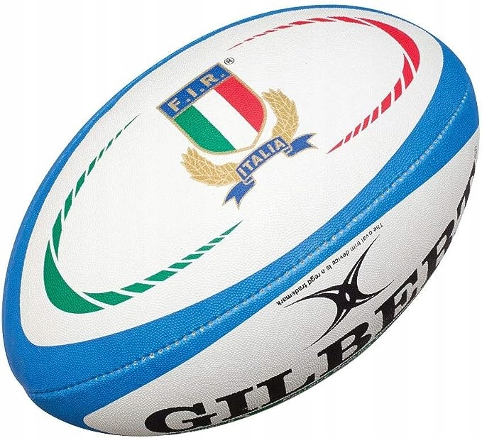 White rugby ball featuring blue and green accents, the Italian flag, and the F.I.R. Italia logo, made from durable synthetic material with textured grip.
