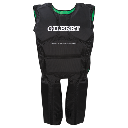 Black and green Gilbert Junior Contact Suit featuring padded protection, sleeveless design, and the brand name "GILBERT" prominently displayed on the front.