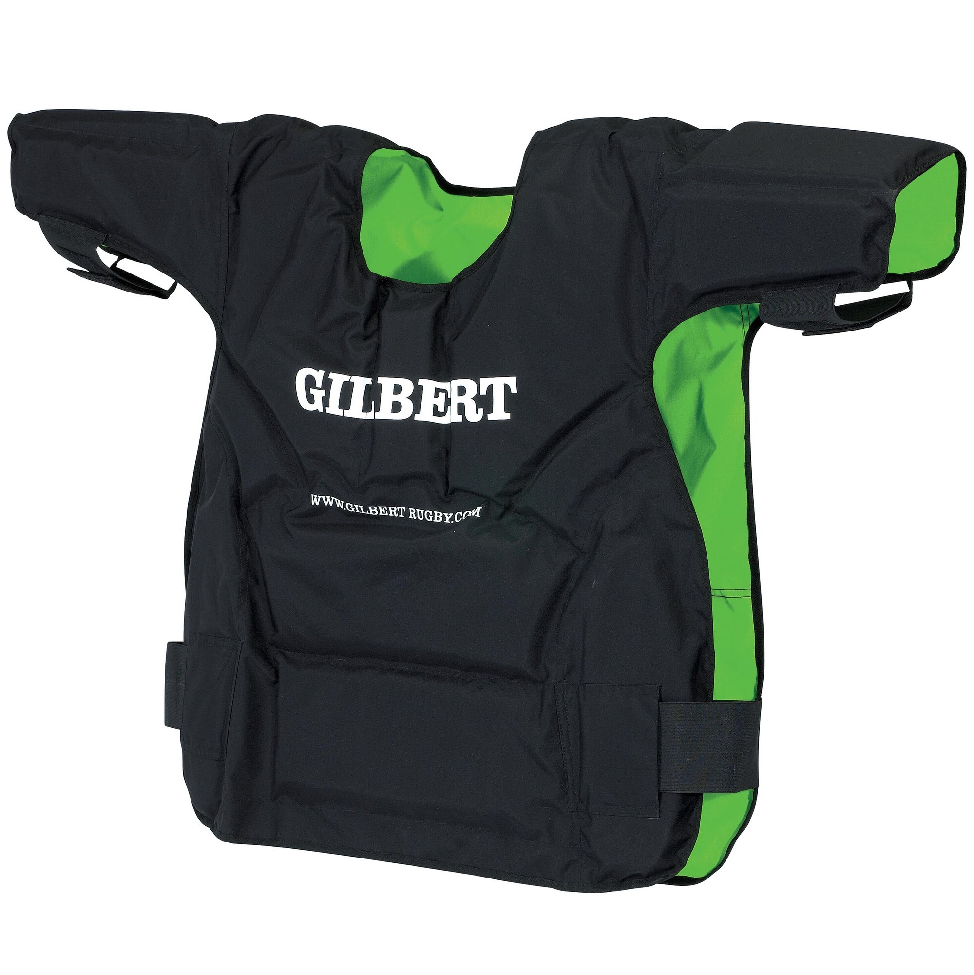 Black rugby contact top with green accents, featuring padded shoulders, a round neck, and adjustable straps, branded with "GILBERT" on the front.