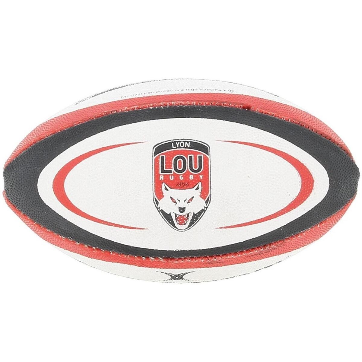 White rugby ball with red and black accents featuring the Lyon Rugby logo, made of durable synthetic material, designed for replica play.