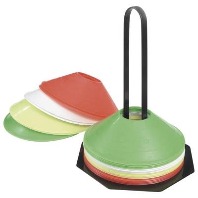 Colorful set of Gilbert Rugby marking cones in green, red, yellow, and white, stacked in a holder with a black handle for easy transport and organization.