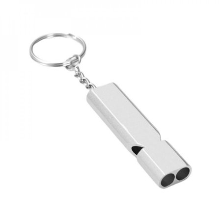 Silver keychain whistle with a sleek, metallic finish, featuring a double chamber design for producing sound, attached to a sturdy keyring.
