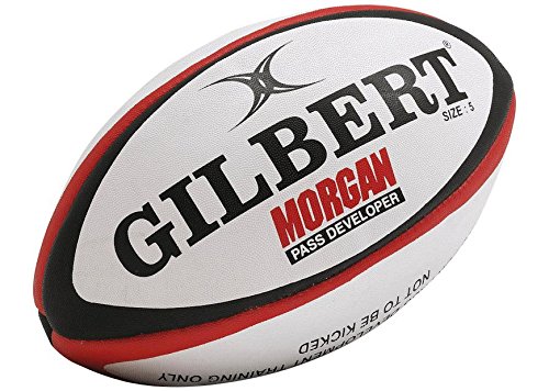 Black and white rugby ball with red accents, featuring "GILBERT" and "MORGAN PASS DEVELOPER" branding, designed for training and skill development.