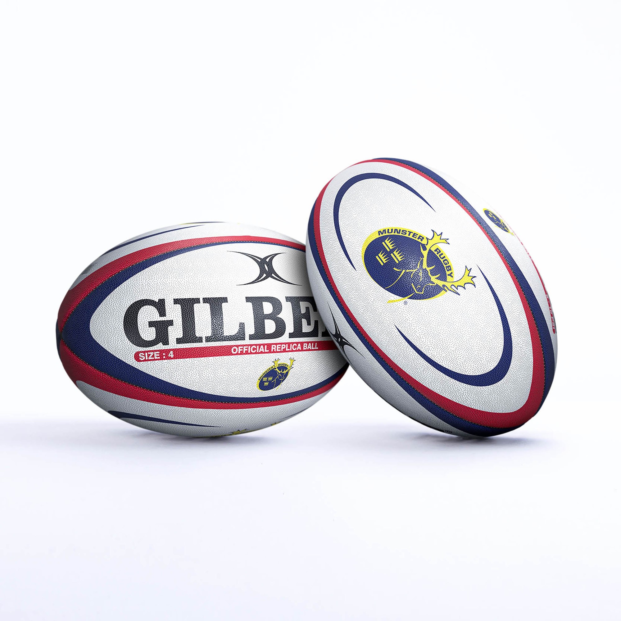 Gilbert Munster Replica Rugby Ball featuring a white and red design, with blue accents and the Munster logo, made of durable synthetic material, size 4.