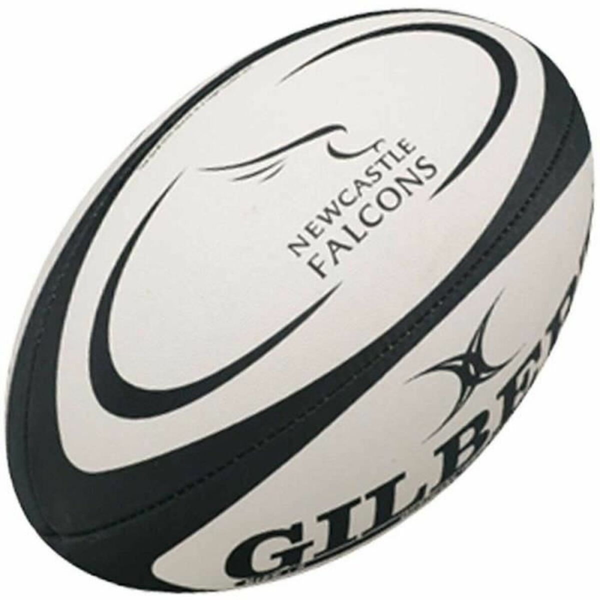 White rugby ball featuring black accents, the Newcastle Falcons logo, and "GILBERT" branding, made of durable synthetic material for optimal performance.