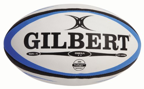 Gilbert Omega rugby ball in white with blue accents, featuring a textured surface, prominent "GILBERT" logo, and size 5 designation for optimal grip and performance.
