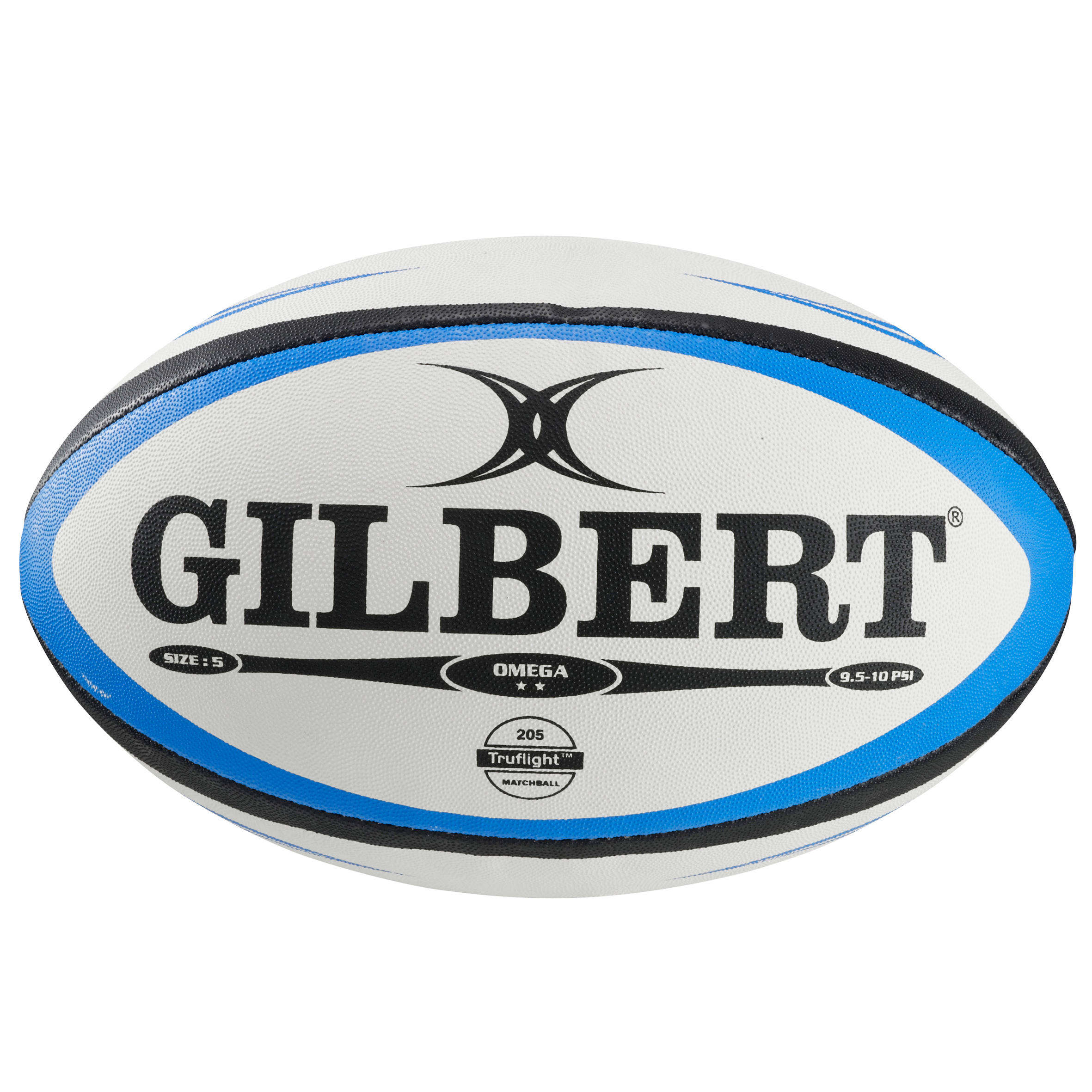 Black and white rugby ball with blue accents, featuring "GILBERT" and "OMEGA" logos, size 5, designed for match play, made from durable synthetic material.