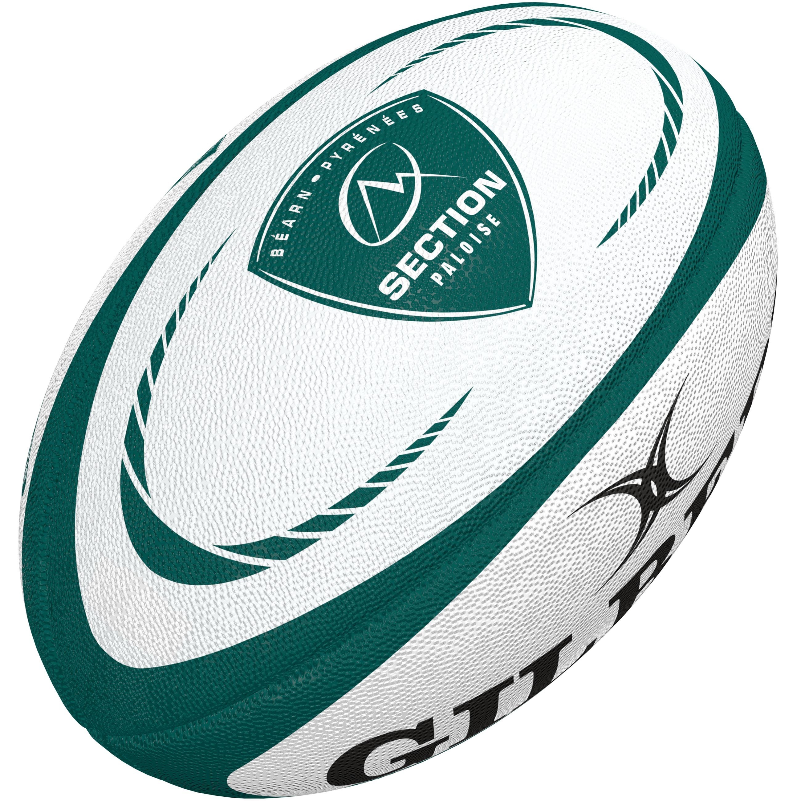 White rugby ball with teal accents, featuring the Gilbert logo and "SECTION" branding, textured surface for grip, and a classic oval shape.