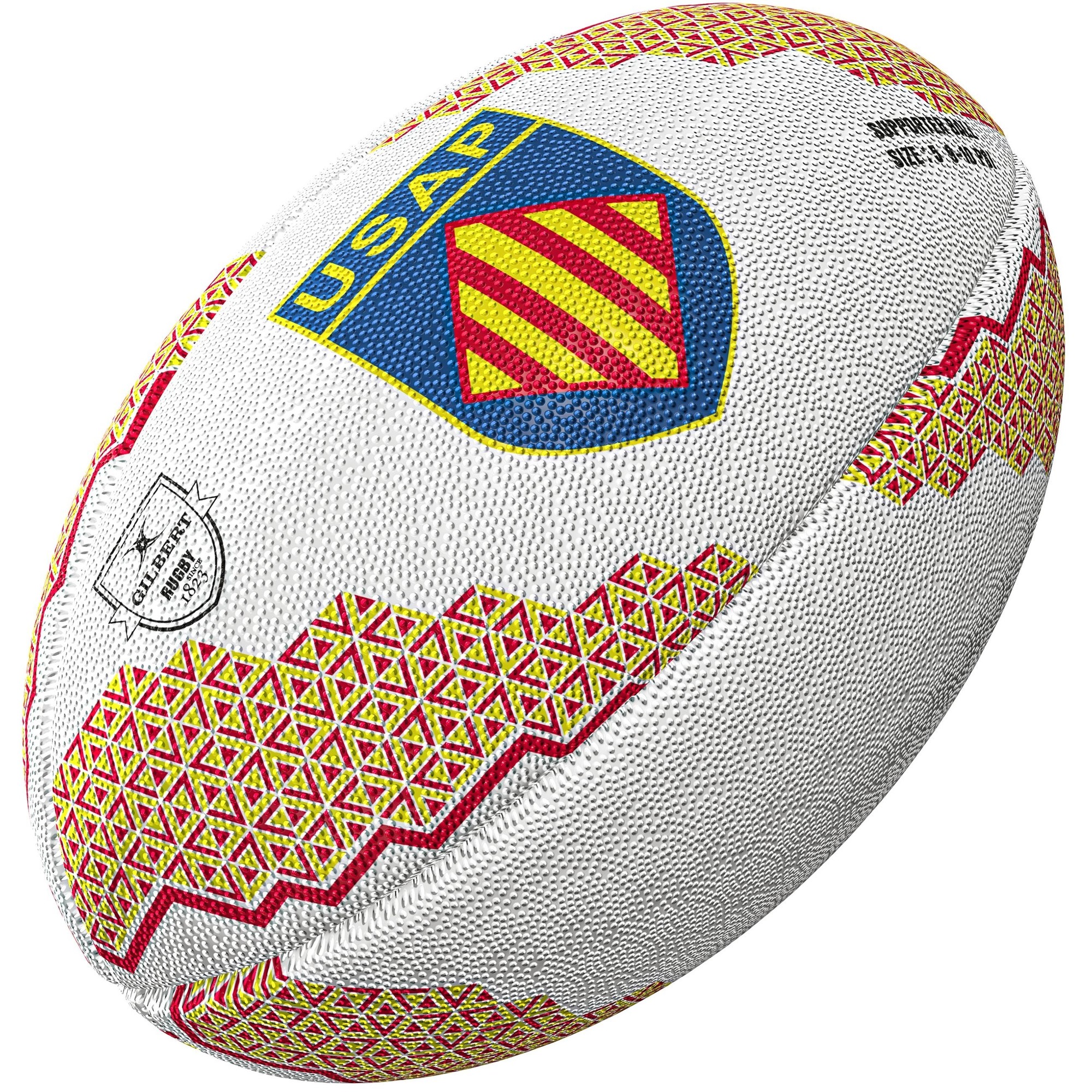 White rugby ball featuring the USAP logo in blue and yellow, with red and yellow geometric patterns along the seams, made of durable synthetic material.