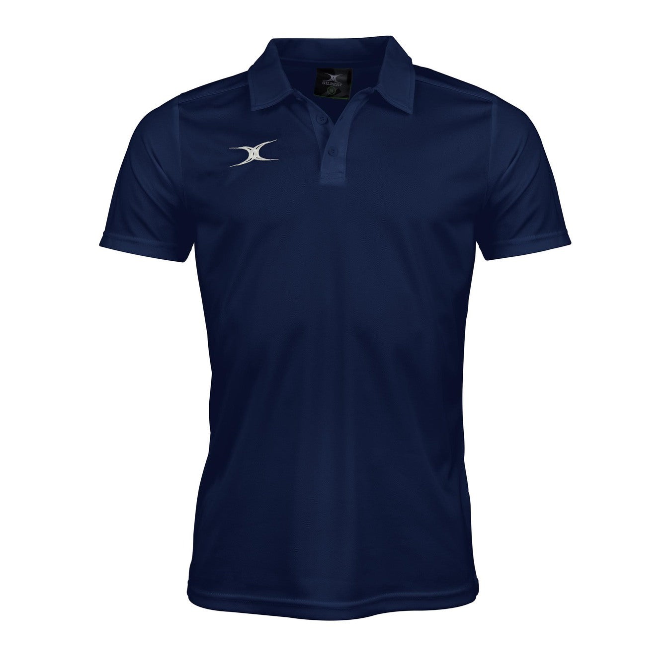 Navy blue short-sleeve polo shirt made from moisture-wicking material, featuring a classic collar and a silver Gilbert Rugby logo on the left chest.
