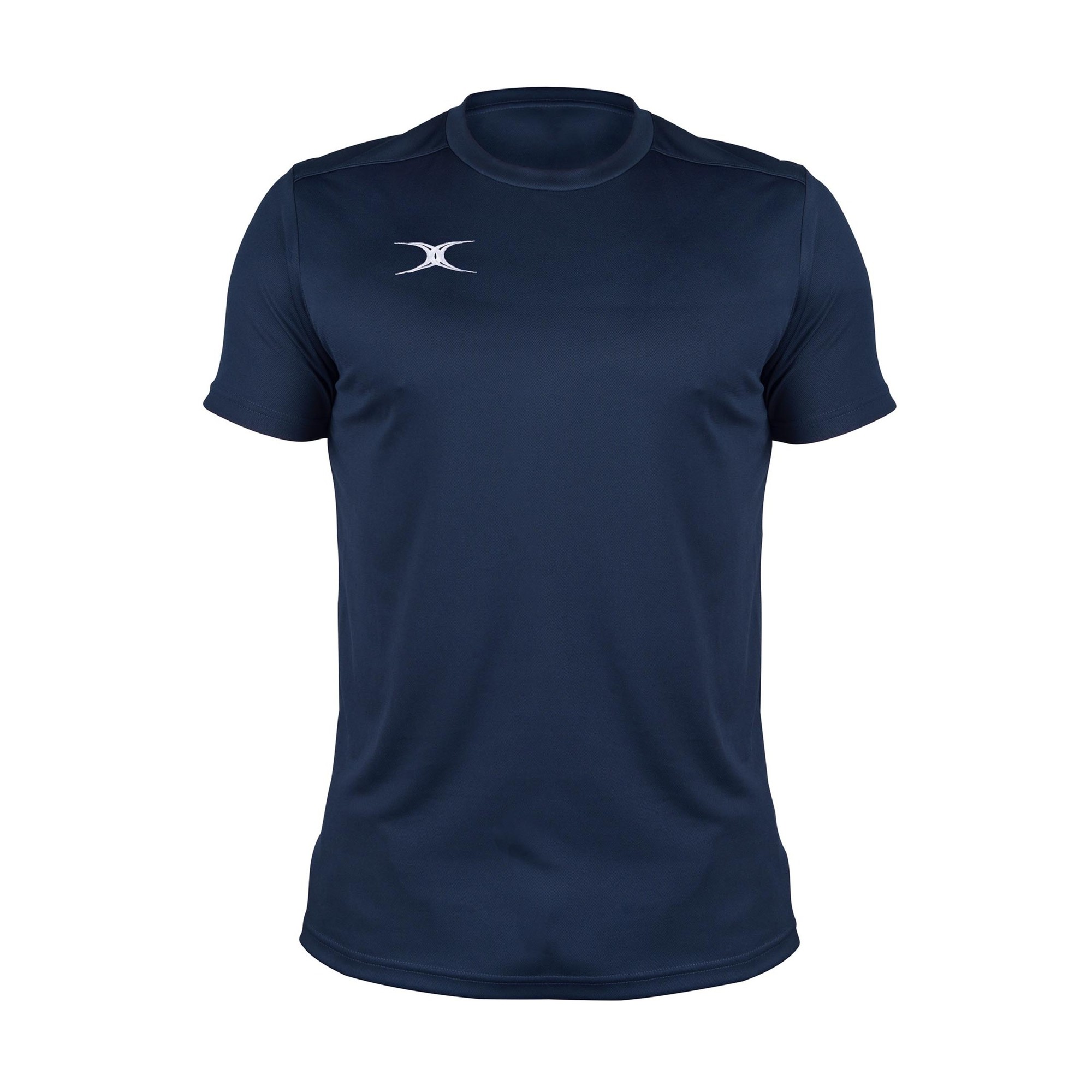 Black short-sleeve tee shirt made from lightweight, moisture-wicking material, featuring a subtle white Gilbert Rugby logo on the chest.