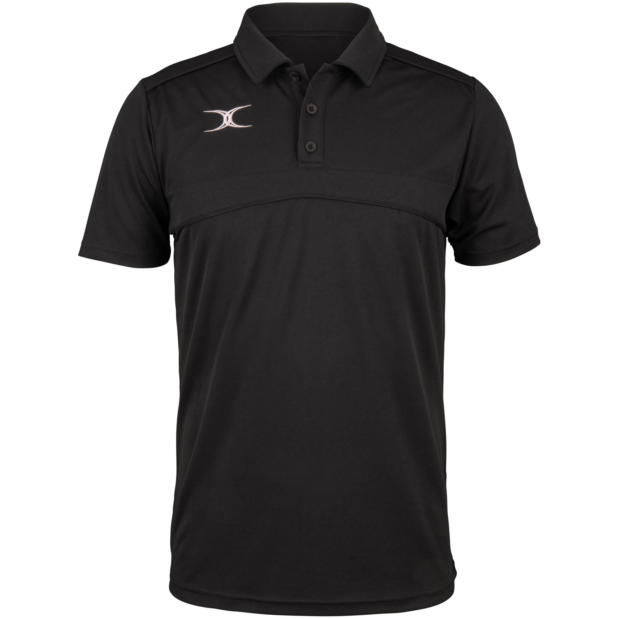 Black polo shirt for men by Gilbert Rugby, featuring a classic collar, three-button placket, and a subtle logo on the chest, made from lightweight, breathable material.