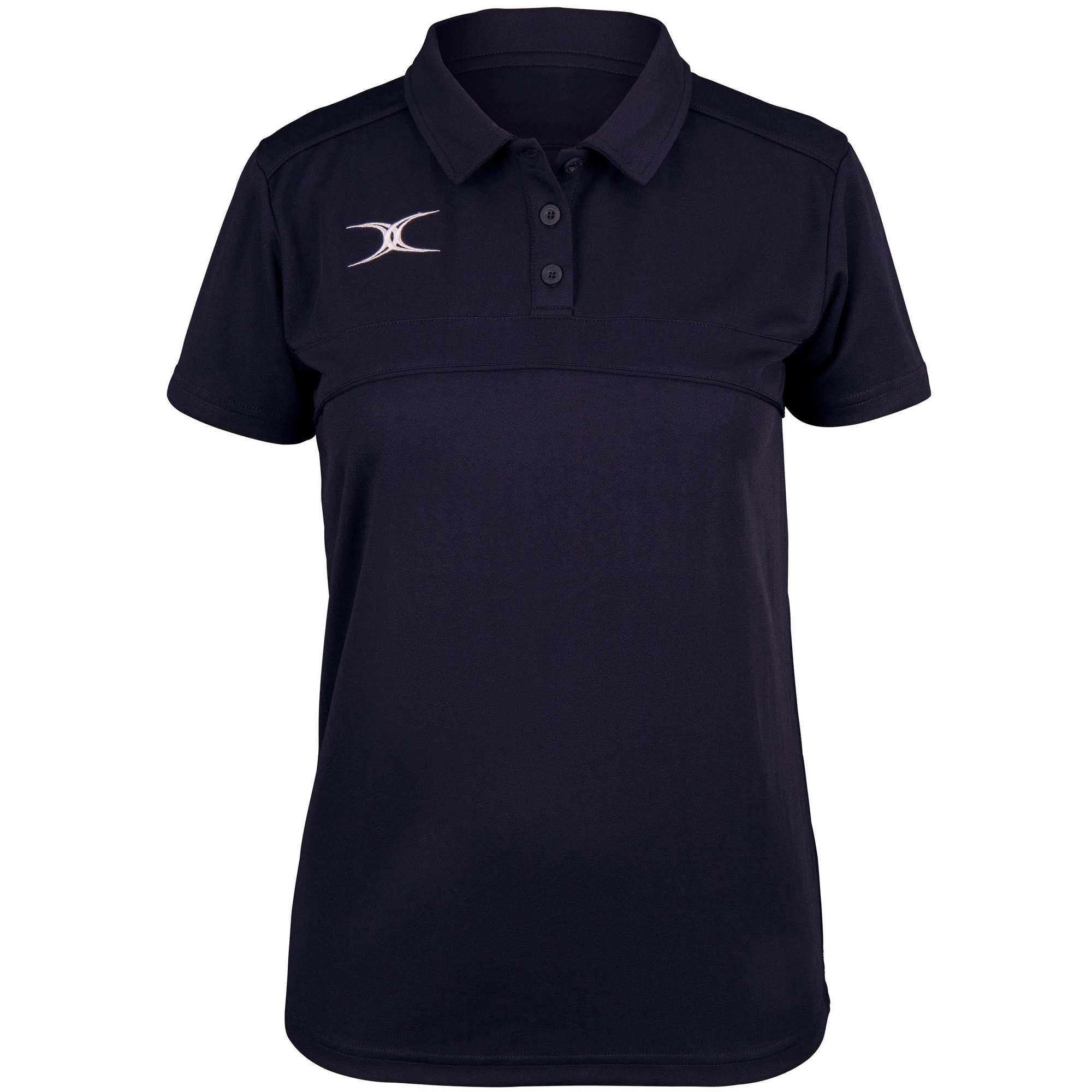 Black women's polo shirt by Gilbert Rugby, featuring a classic collar, three-button placket, and a subtle logo on the chest, made from breathable material suitable for sports.