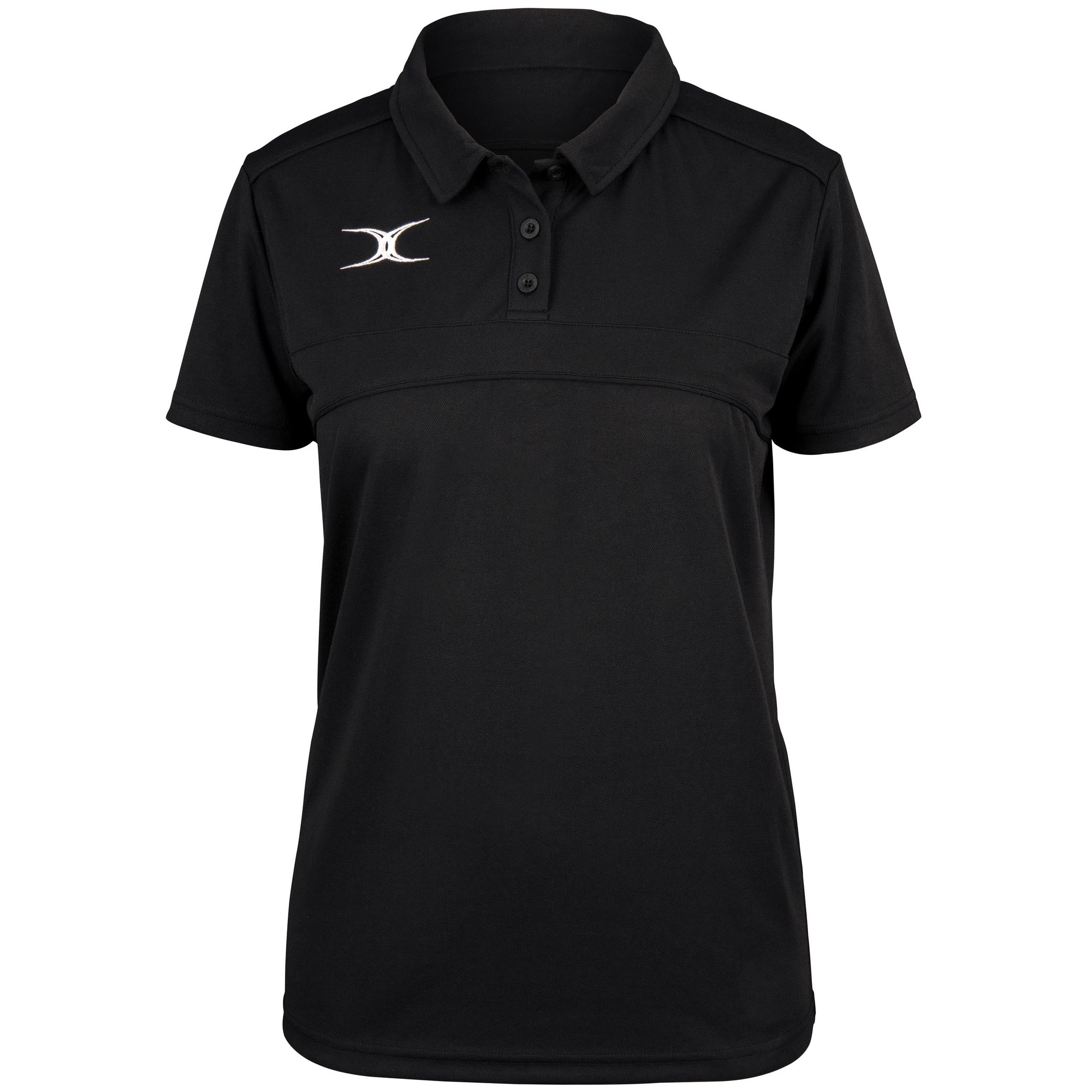 Black women's polo shirt by Gilbert Rugby, featuring a classic collar, three-button placket, and a subtle logo on the left chest, made from breathable material.