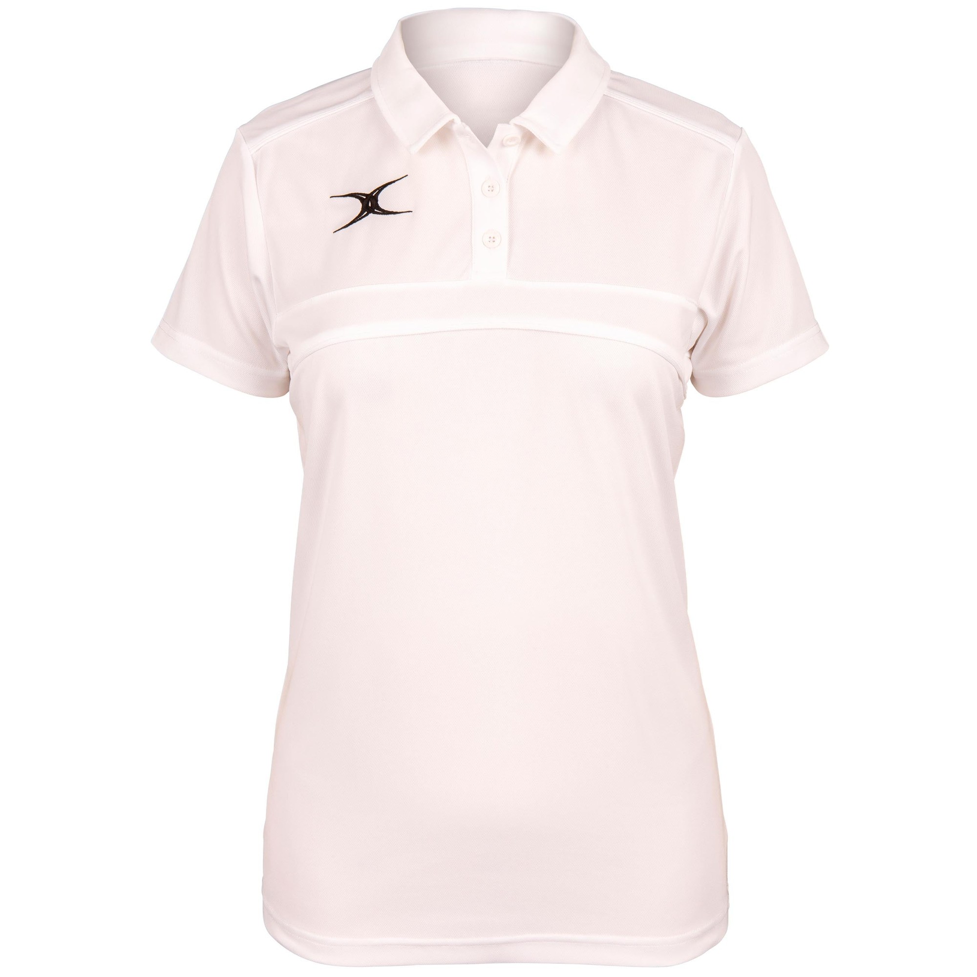 Black women's polo shirt by Gilbert Rugby, featuring a classic collar, three-button placket, and the Gilbert logo on the chest, made from lightweight, breathable material.