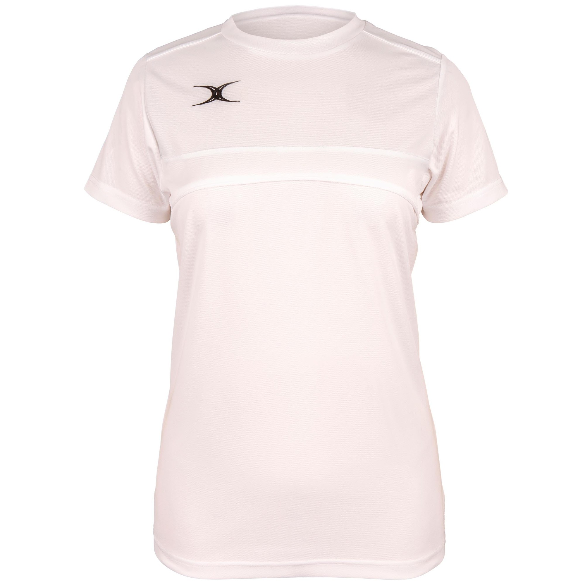 Black women's Gilbert Rugby Photon T-Shirt featuring a sleek design, short sleeves, and a subtle logo on the chest, made from lightweight, breathable material.