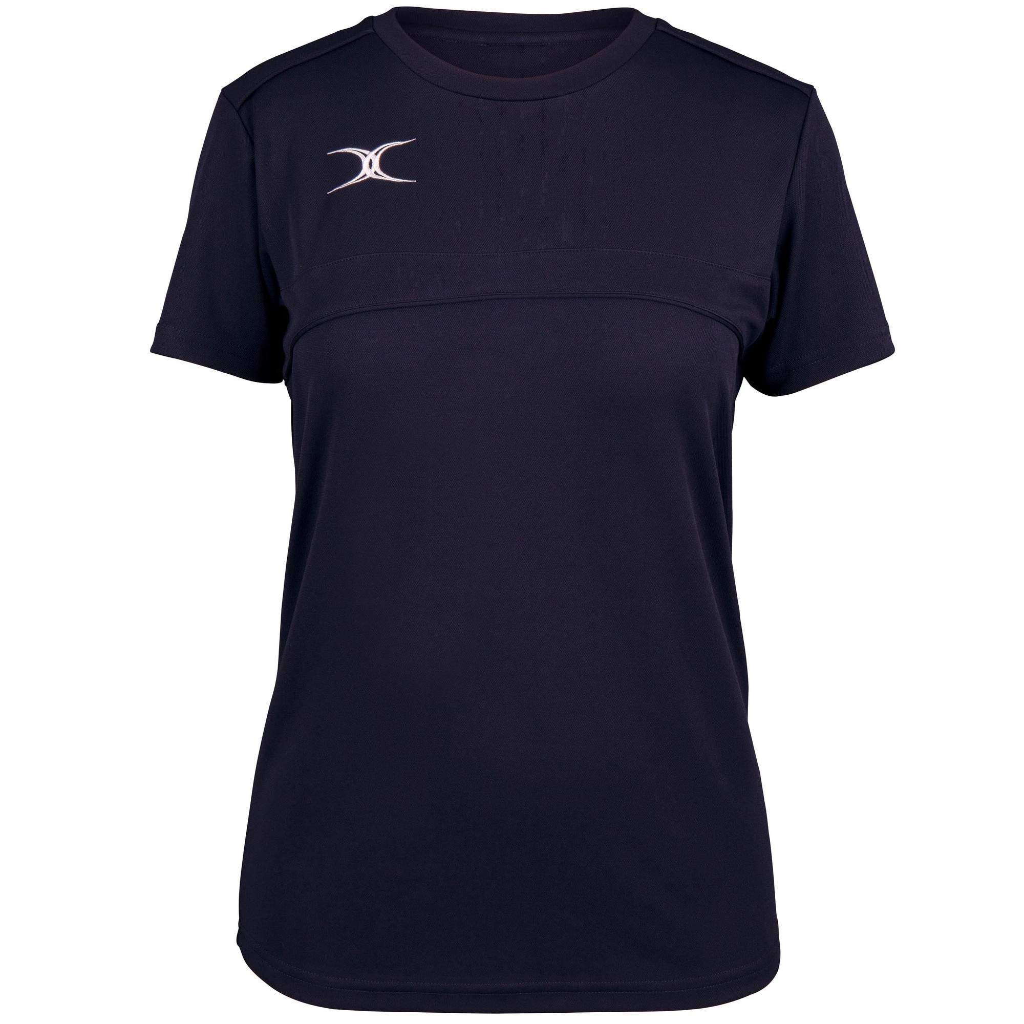 Black women's Gilbert Rugby Photon T-shirt featuring a crew neck, short sleeves, and a subtle logo on the chest, made from lightweight, breathable material.