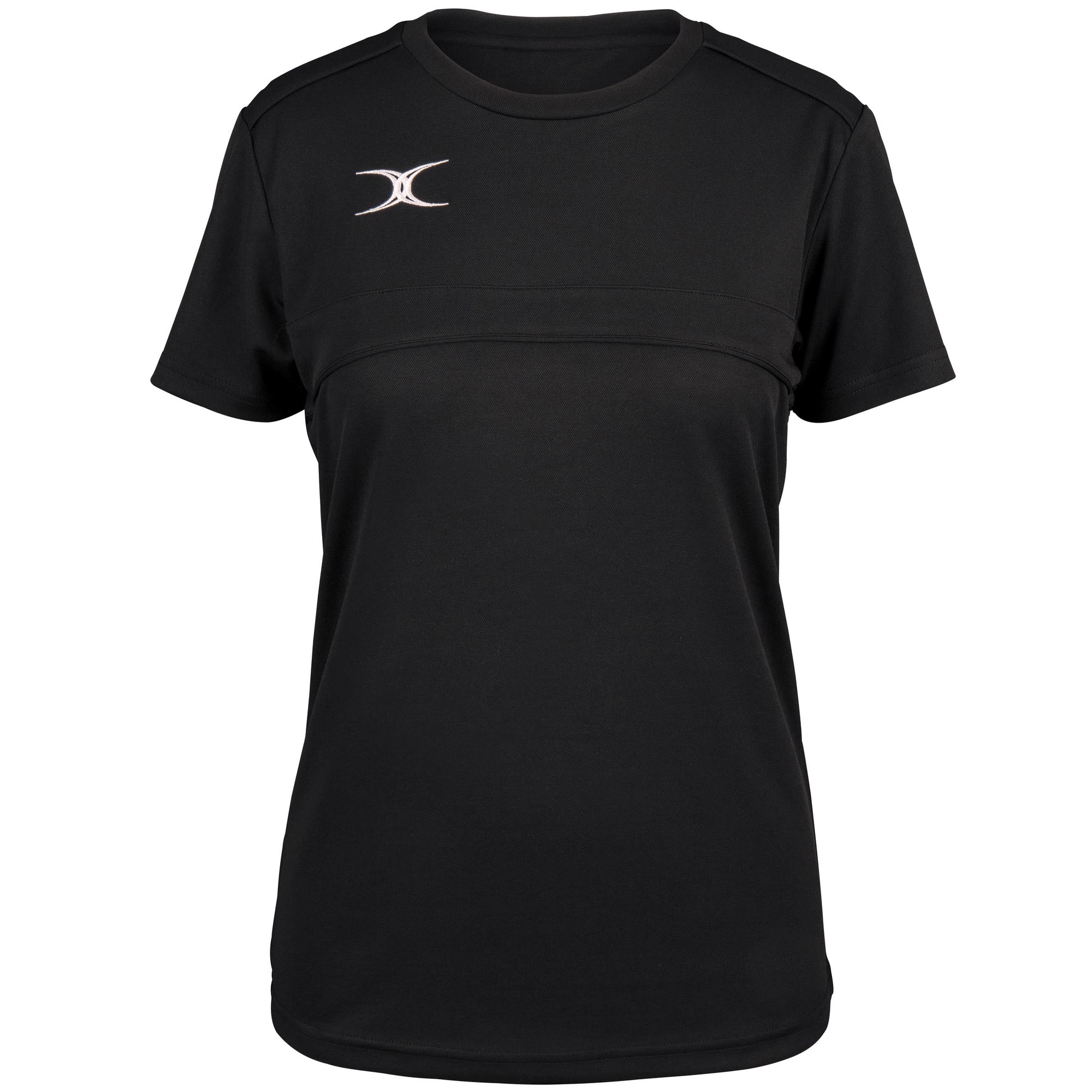 Black women's t-shirt by Gilbert Rugby, featuring a round neckline, short sleeves, and a subtle logo on the chest, made from lightweight, breathable material.