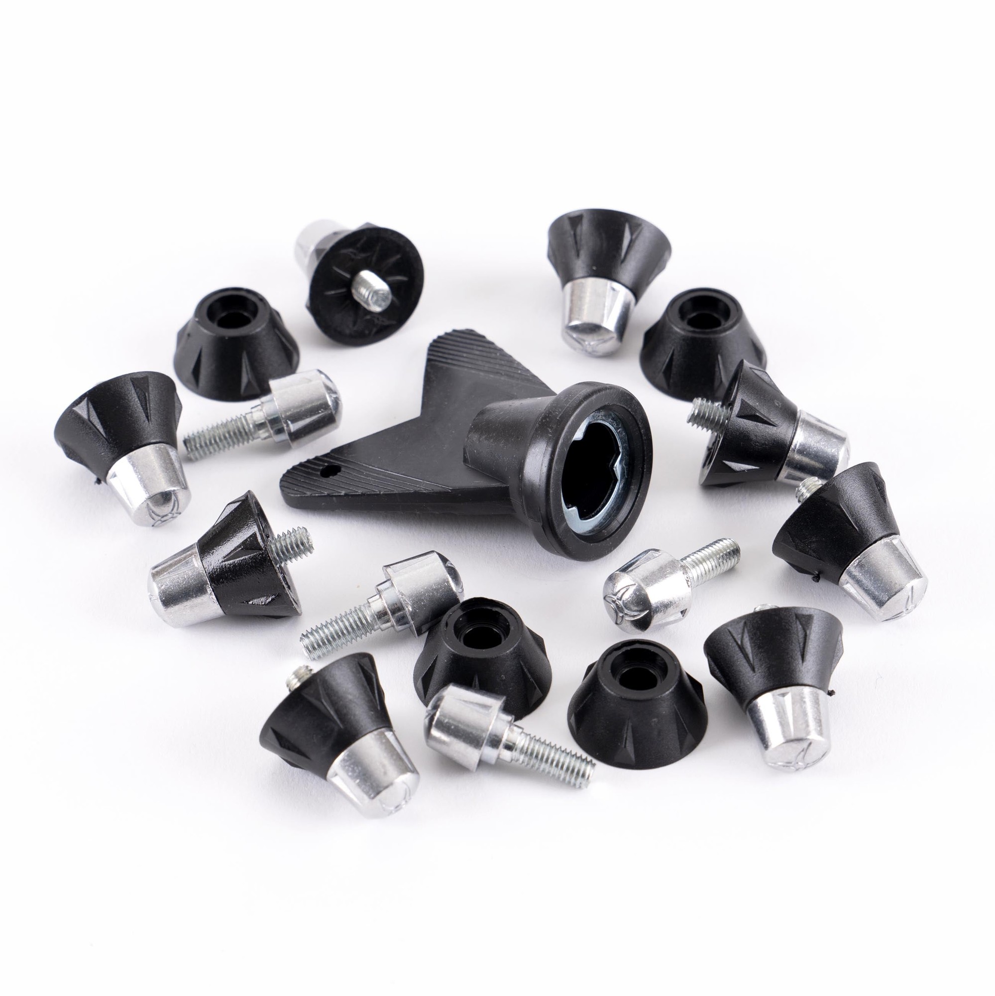 Silver and black rugby studs with a mix of conical and hexagonal shapes, featuring metal screws and a tool for easy installation, arranged on a white background.