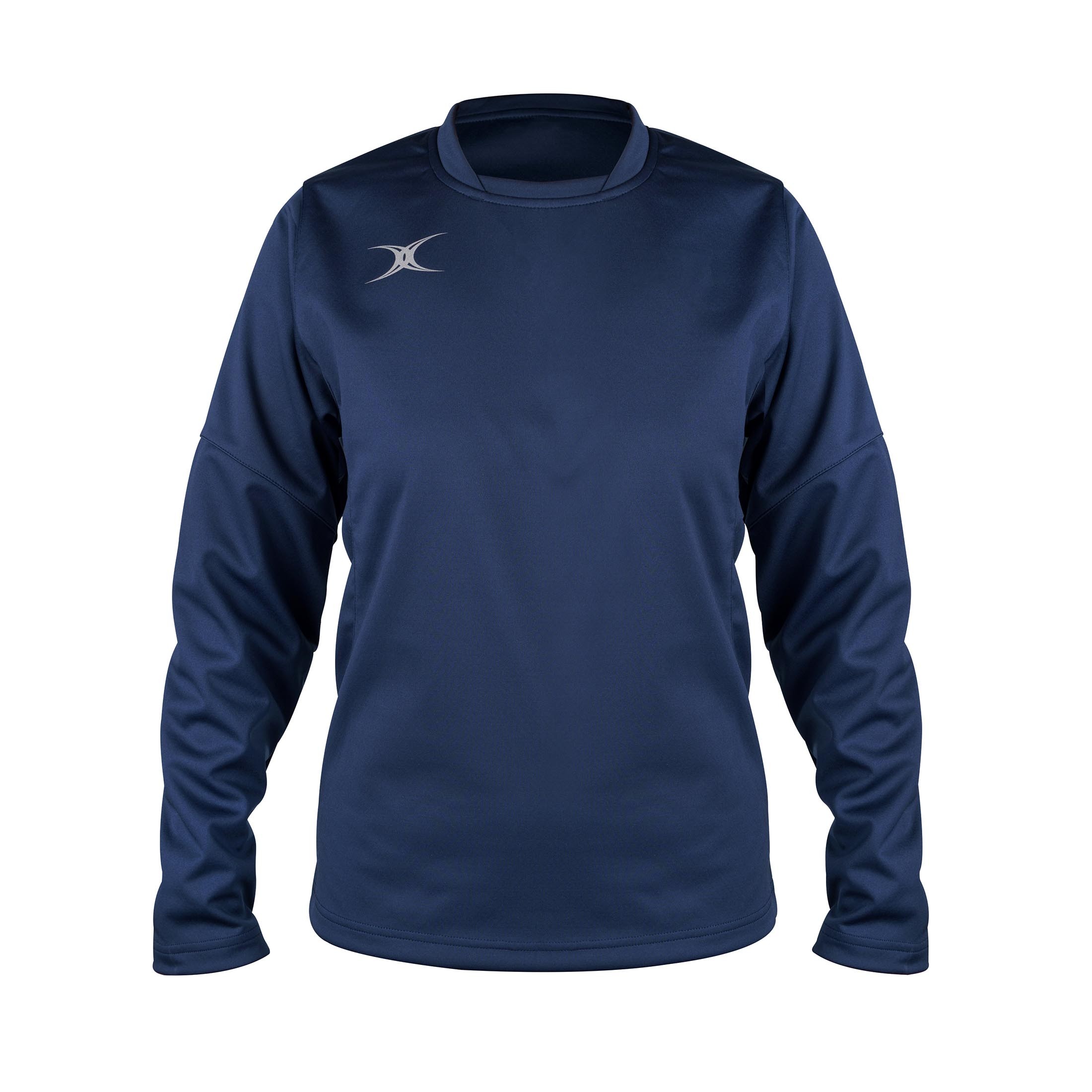 Black long-sleeve women's warm-up top by Gilbert Rugby, featuring a crew neck, lightweight material, and a subtle logo on the chest.