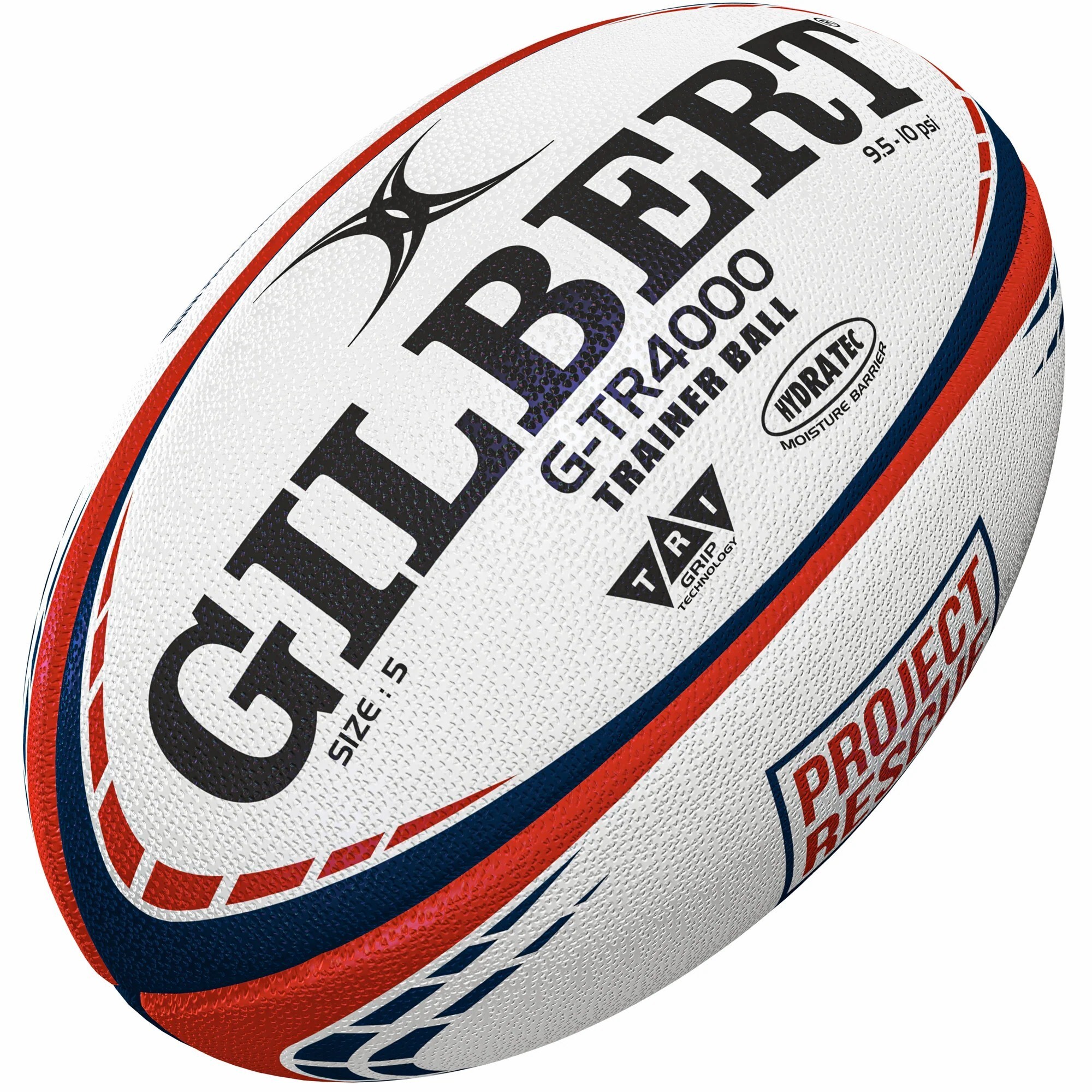 White rugby training ball with red and blue accents, featuring "GILBERT" and "PROJECT RESCUE" logos, made from durable material, designed for size 5 players.