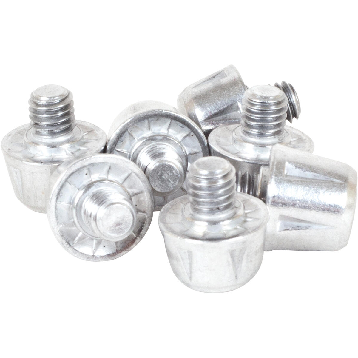 Silver Gilbert Prolite studs with a metallic finish, featuring a threaded base for easy attachment, designed for rugby footwear to enhance traction on the field.