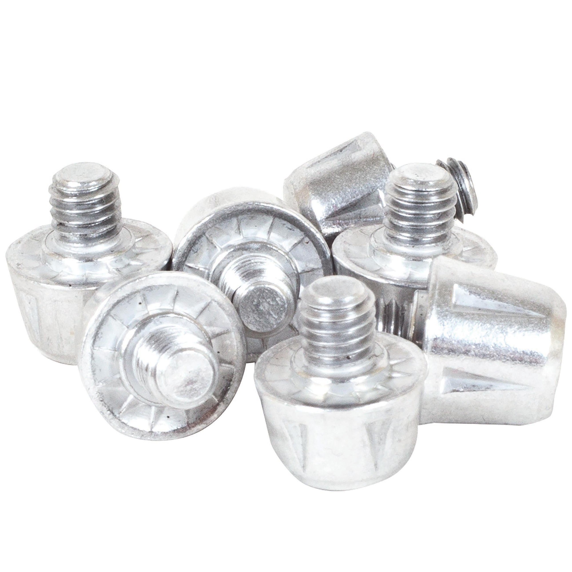 Silver Gilbert Prolite rugby studs made of durable metal, featuring a threaded design for easy attachment, with a smooth, rounded top and a textured base for traction.