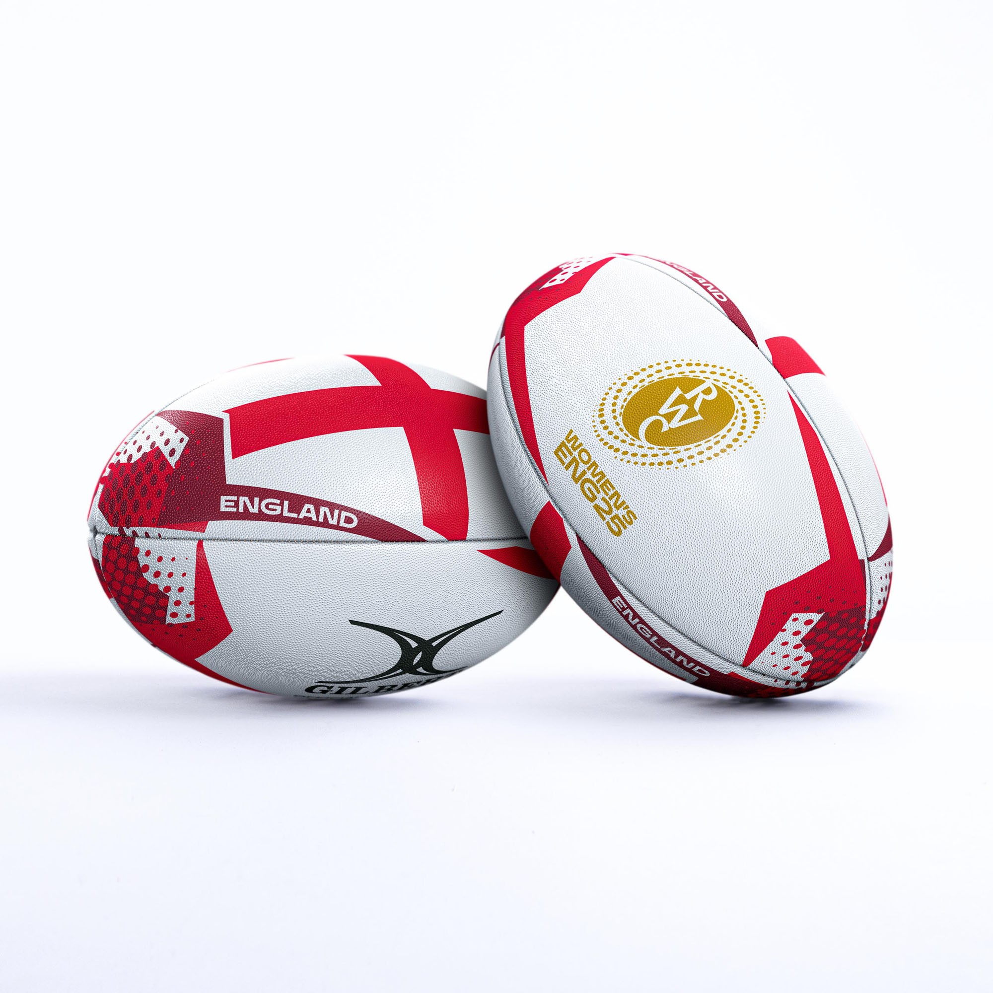 White rugby ball featuring red England flag design, with "Gilbert Rugby World Cup 2025" branding and a textured surface for grip.