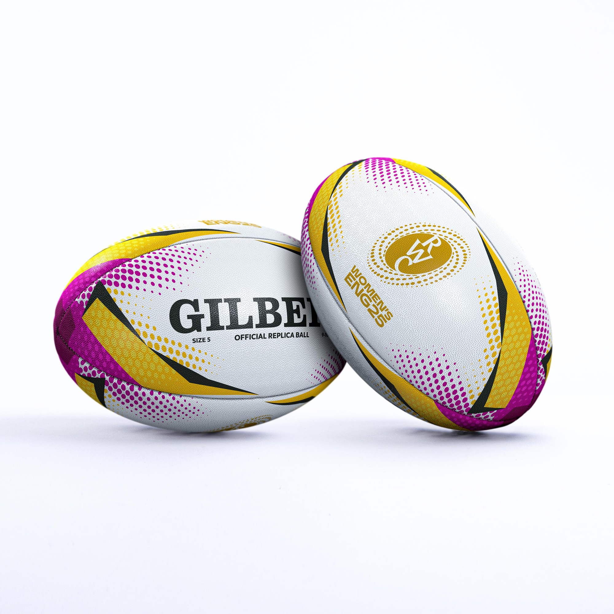 White rugby ball with vibrant yellow and magenta accents, featuring the Gilbert logo and RWC 2025 branding, designed for official replica use.