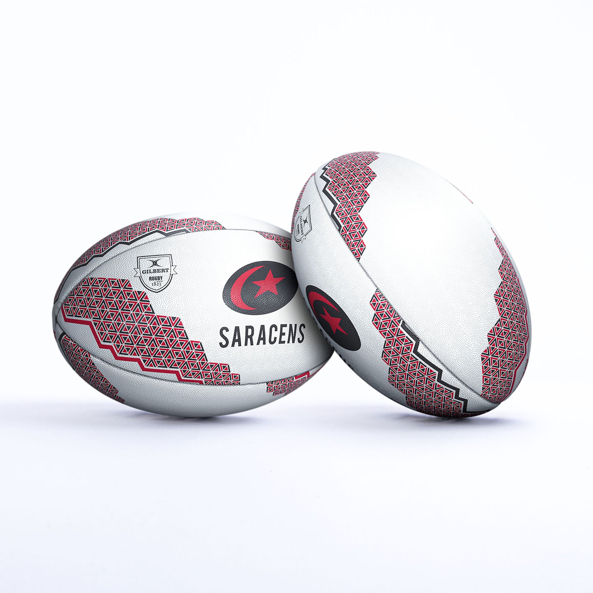 White rugby ball featuring red and black Saracens logo and geometric patterns, made of durable material, designed for supporters with a textured grip.