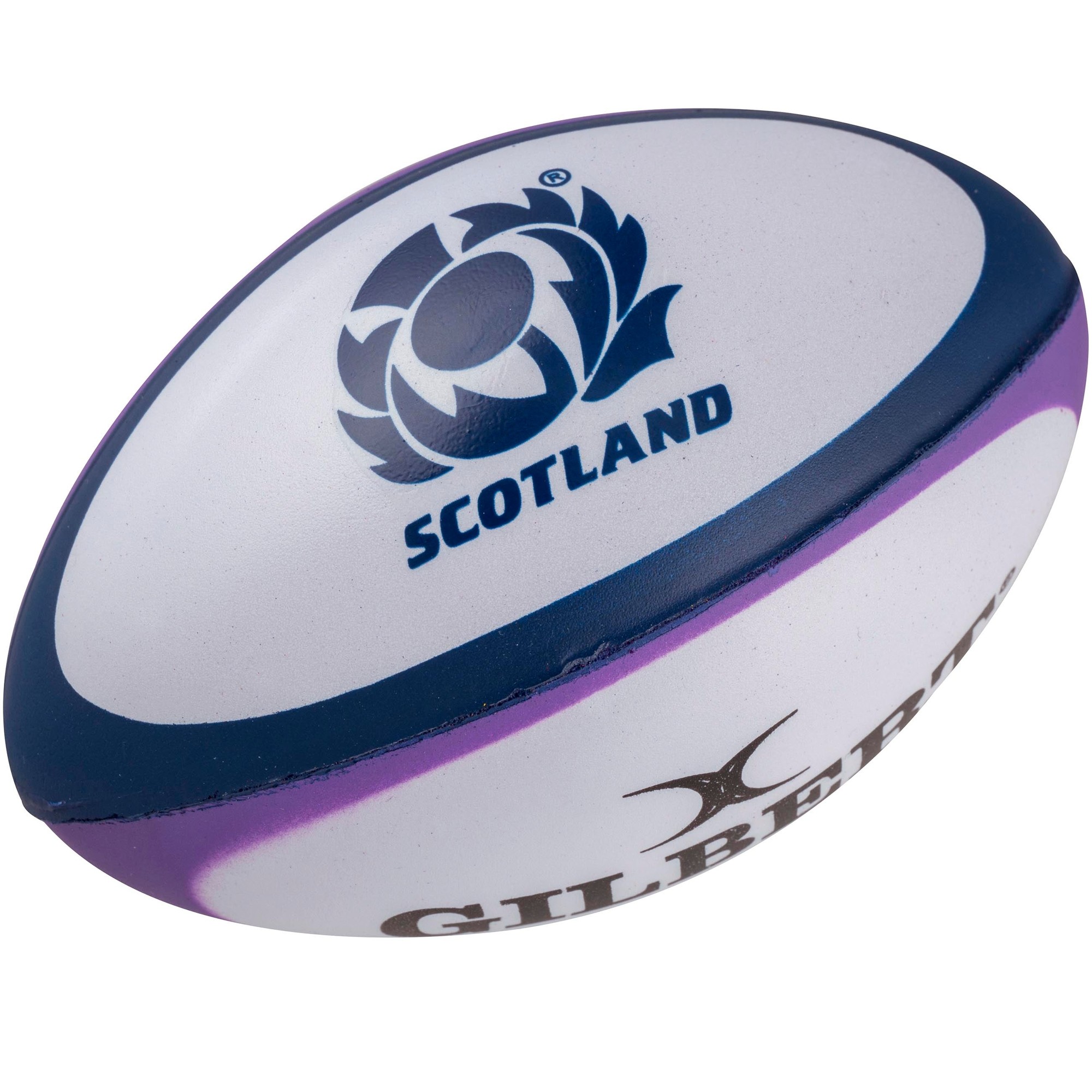 Scotland-themed stress ball in the shape of a rugby ball, featuring a blue and white design with the Scotland logo and purple accents, made of soft, squeezable material.