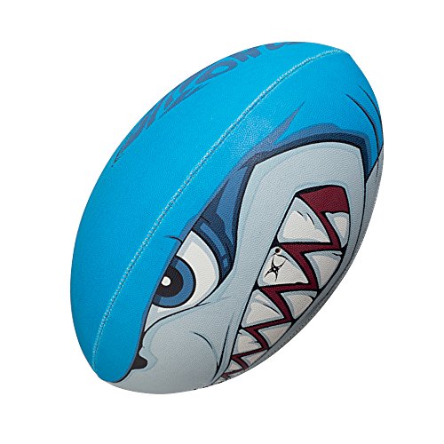 Bright blue rugby ball featuring a shark design with sharp teeth, made of durable material, ideal for leisure play.