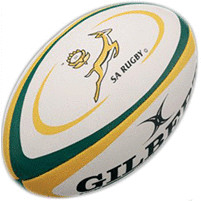 Gilbert South Africa replica rugby ball featuring green and yellow accents, a white surface, and the SA Rugby logo with a springbok emblem.