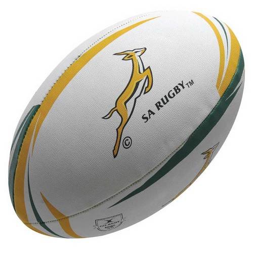 South Africa replica rugby ball featuring a white surface with green and yellow accents, and a prominent yellow springbok logo, made of durable synthetic material.