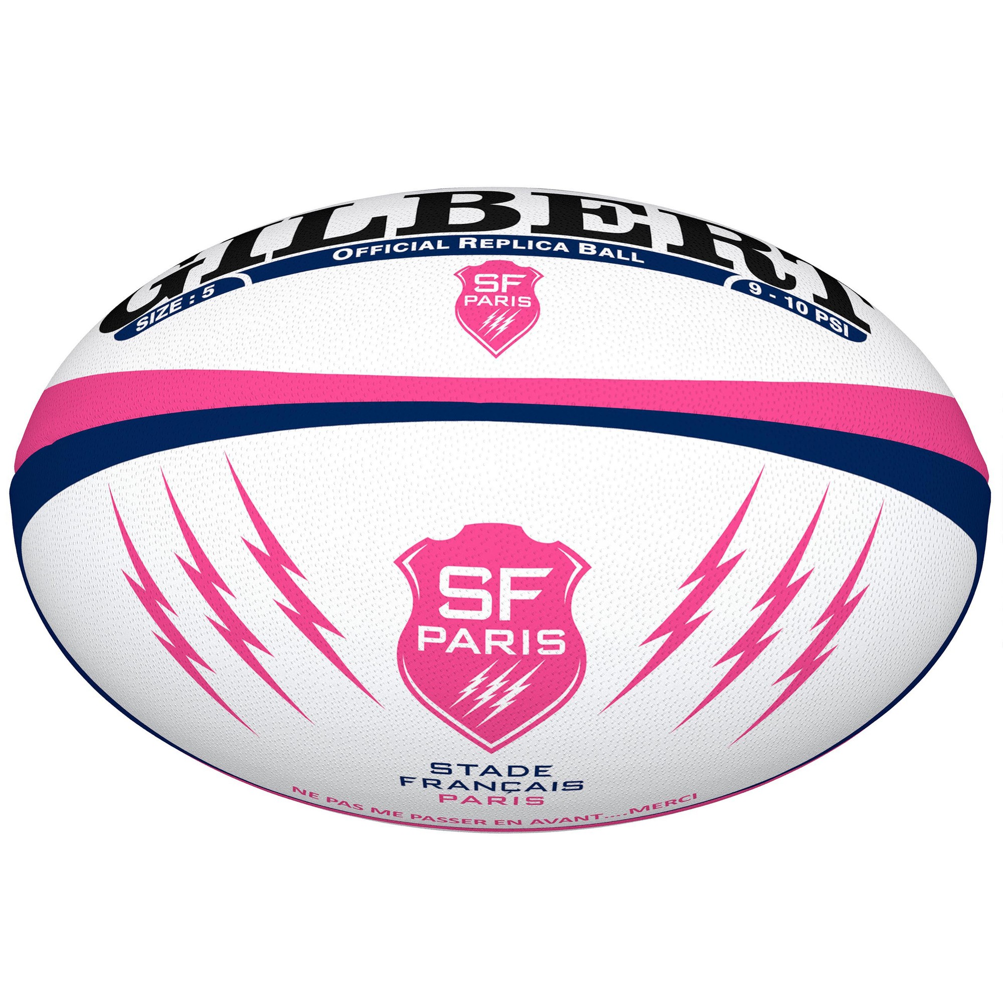 White stress ball in the shape of a rugby ball, featuring pink lightning bolts and the Stade Français logo, with blue and pink stripes, marked "Gilbert" and "Official Replica Ball."