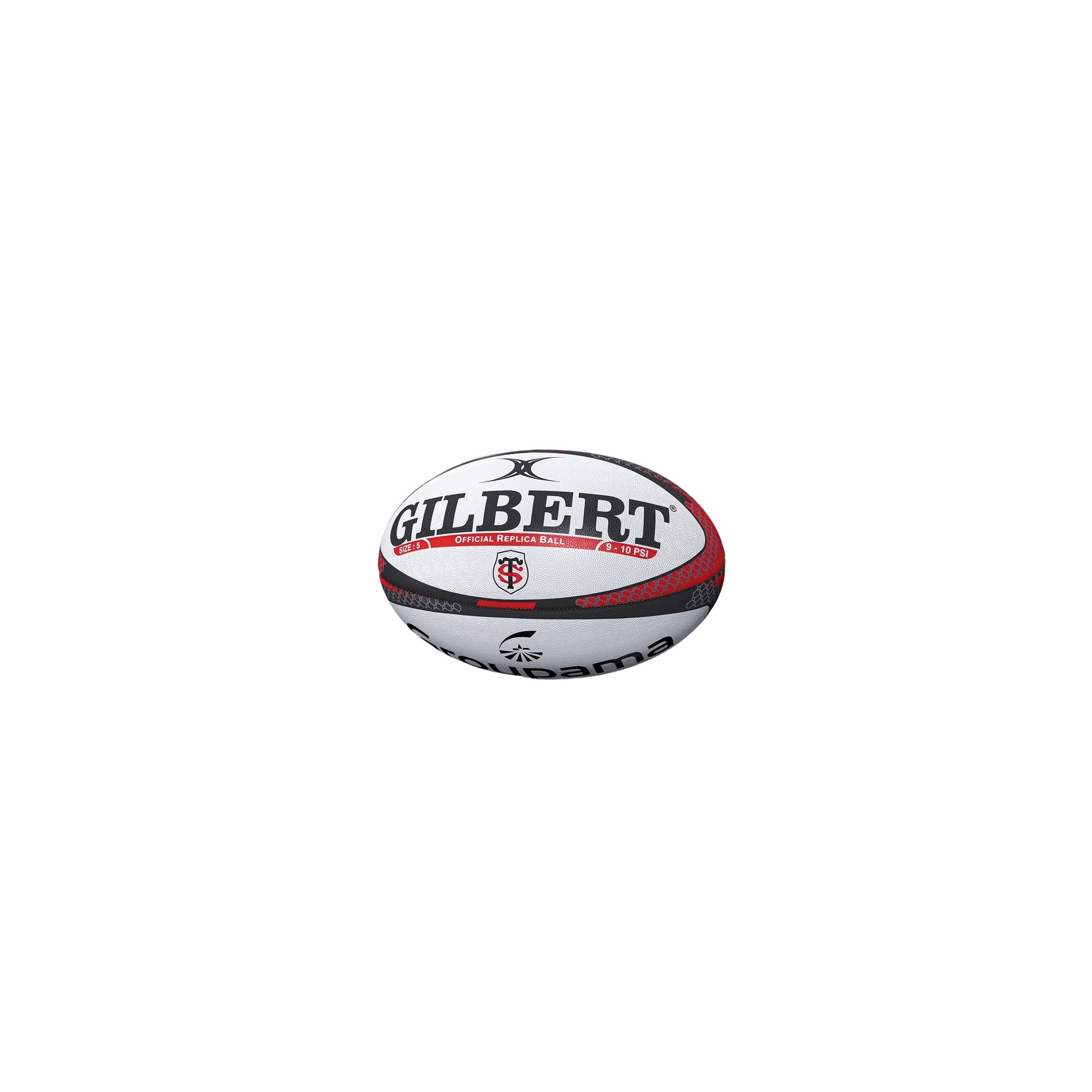 White rugby ball with red and black accents, featuring the Gilbert logo and Stade Toulousain emblem, made from durable synthetic material for enhanced grip.
