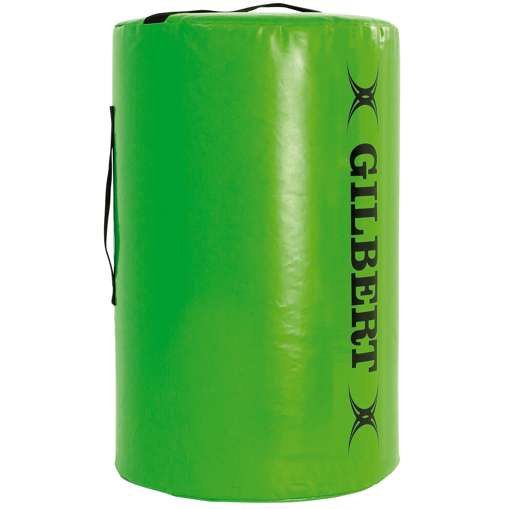 Bright green Gilbert Rugby tackle bag with a durable material, featuring a black logo and sturdy handles for easy transport, designed for training and practice.