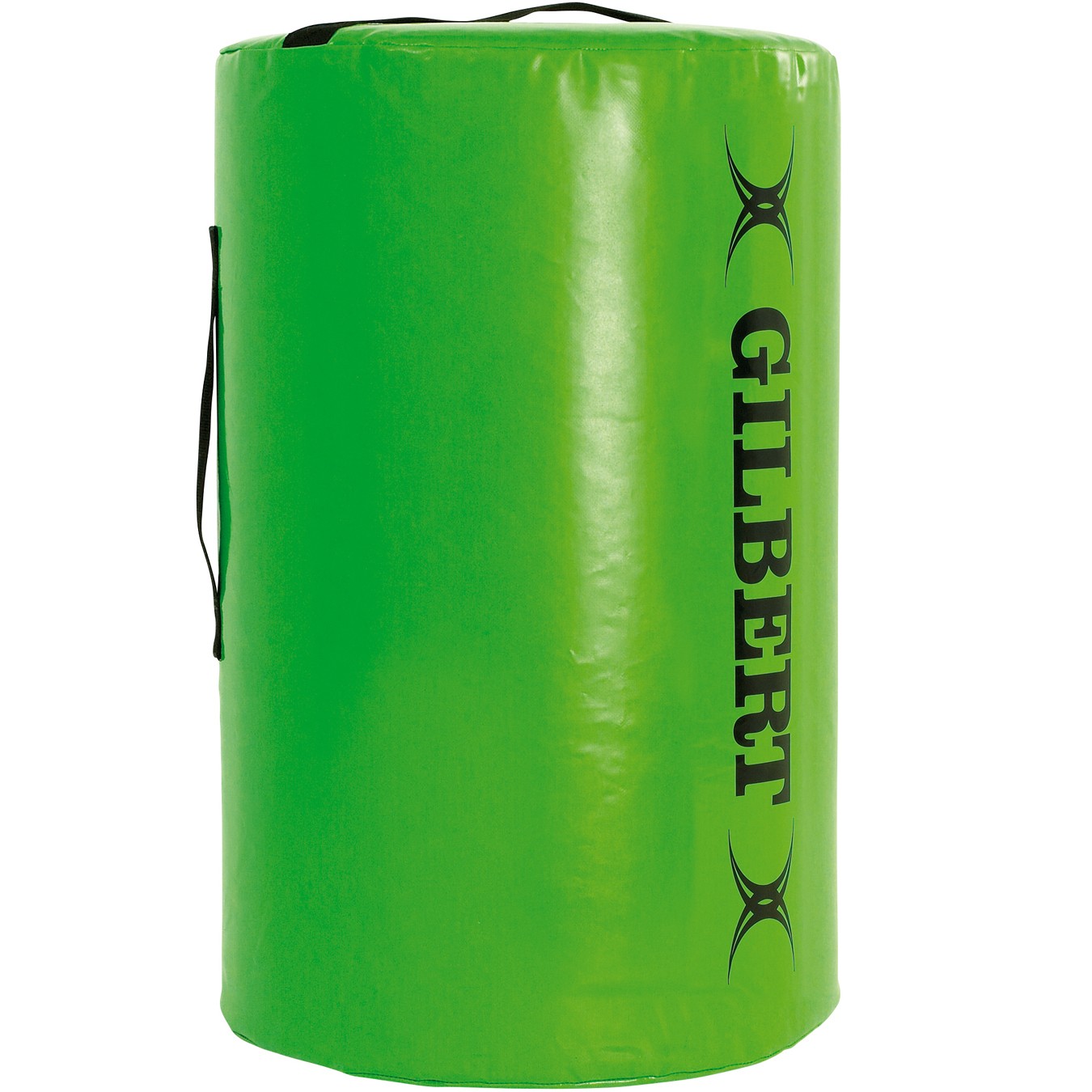 Bright green tackle bag made of durable material, featuring a black "GILBERT" logo and two side handles for easy carrying, designed for rugby training.