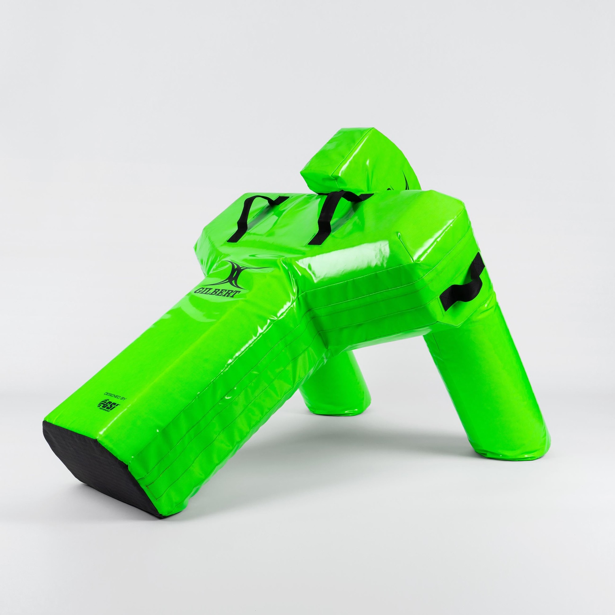 Bright green Gilbert Rugby Tackle Bag Ruck Warrior for seniors, made of durable material with a black base, designed for training and tackling practice.