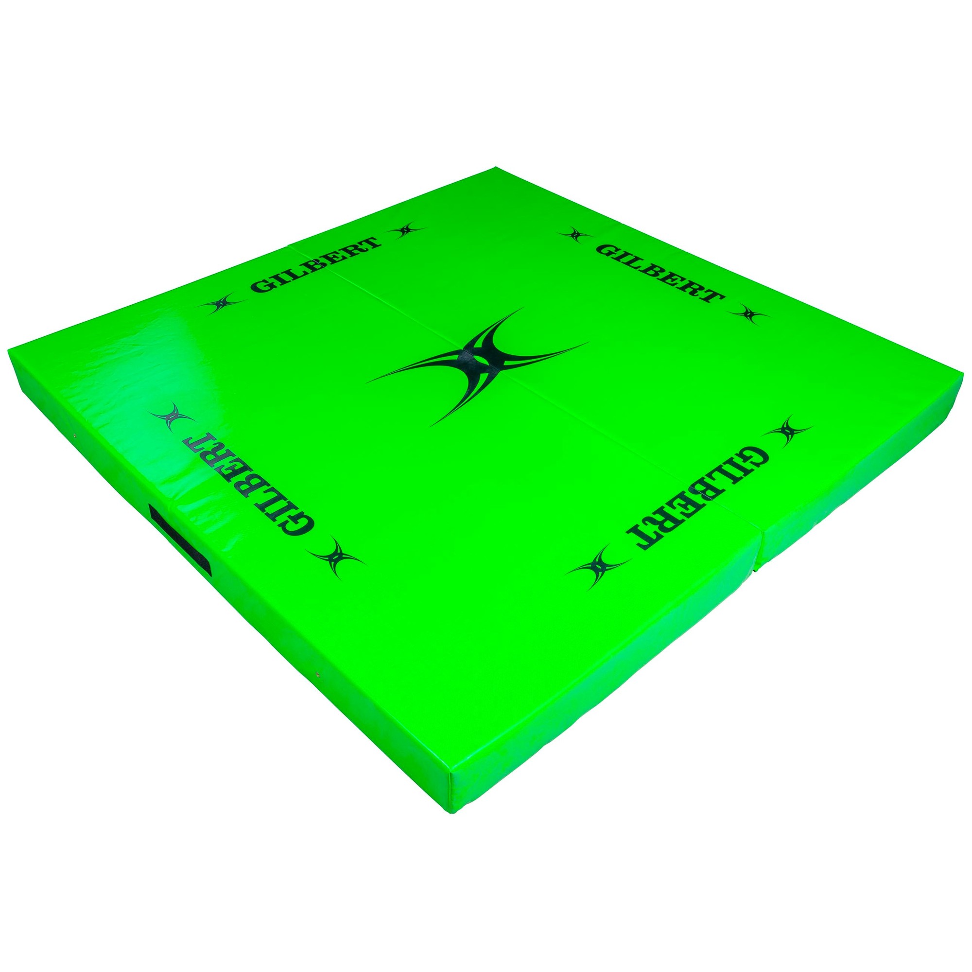 Bright green Gilbert Rugby tackle mat with a smooth, durable surface, featuring the brand name "GILBERT" printed in black on multiple sides and a star design in the center.