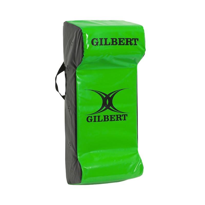 Bright green and black tackle wedge by Gilbert Rugby, featuring the brand name and logo prominently displayed, made from durable material for training and practice.
