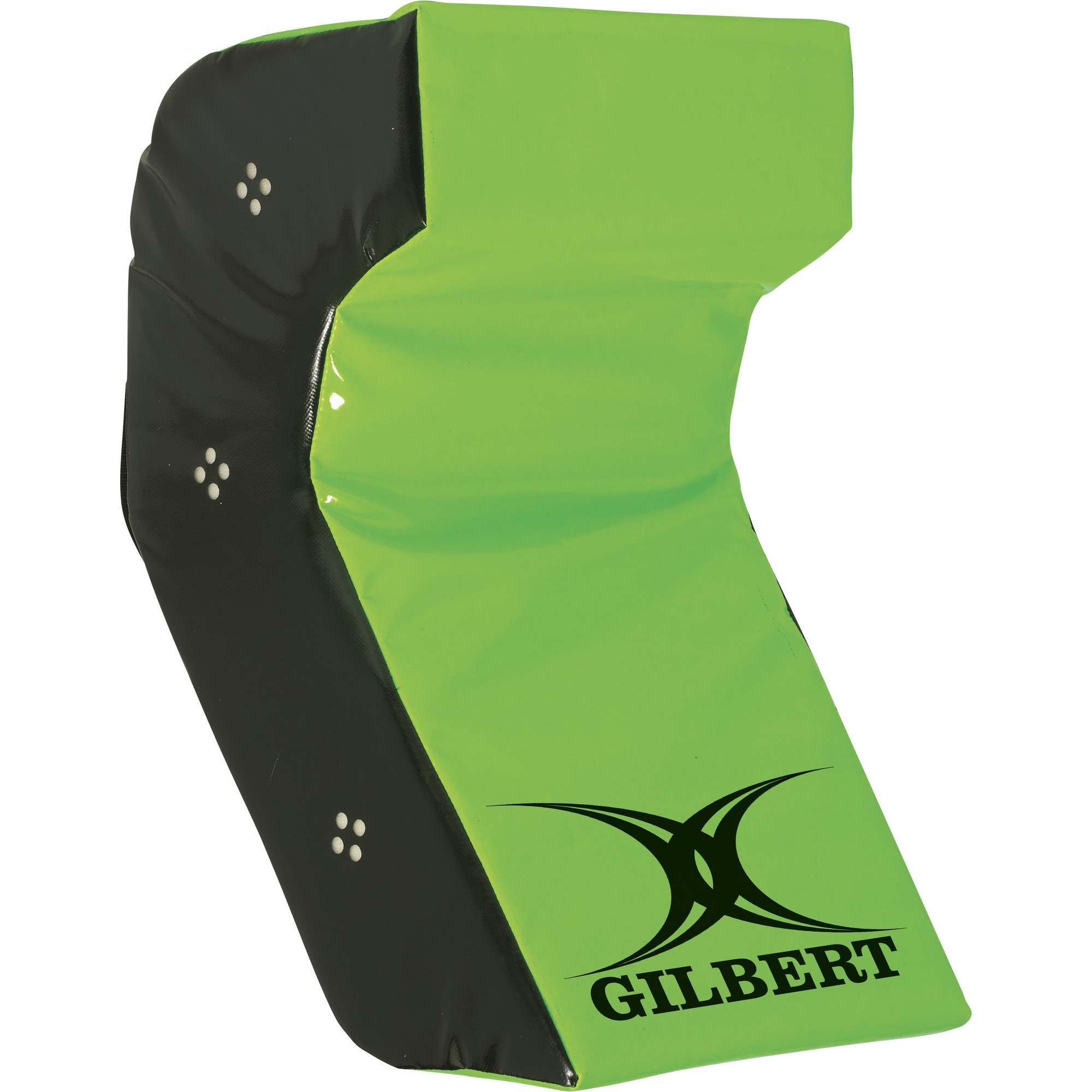 Green and black rugby technique wedge with a curved design, featuring the Gilbert logo and multiple white dots for grip, made from durable foam material.