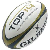 White rugby ball with black and gold accents, featuring "TOP 14" and "GILBERT" logos, designed for training with a textured surface for grip.