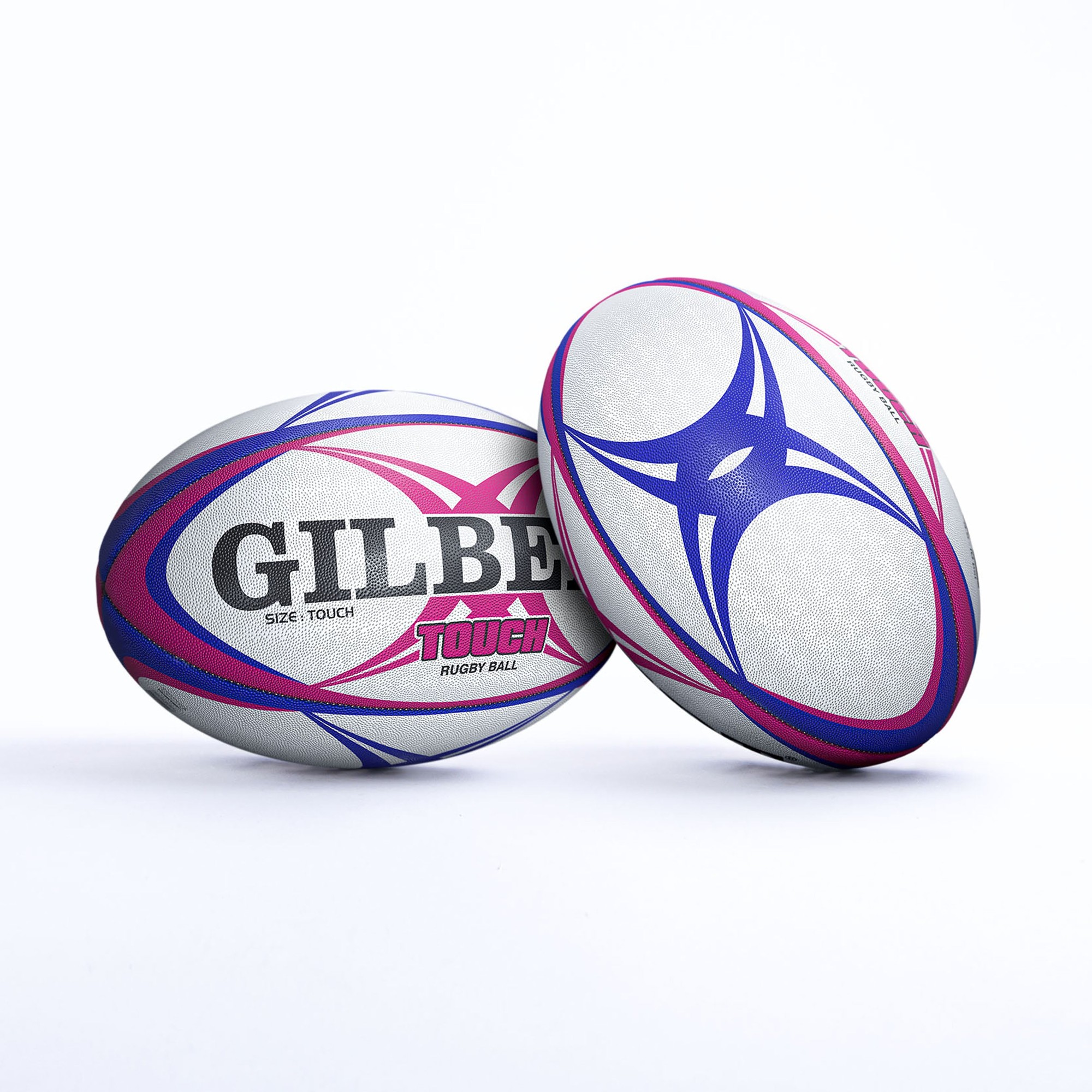 Gilbert Rugby Touch Ball featuring a grey surface with pink and blue accents, displaying the "GILBERT" logo and a star design, designed for touch rugby.