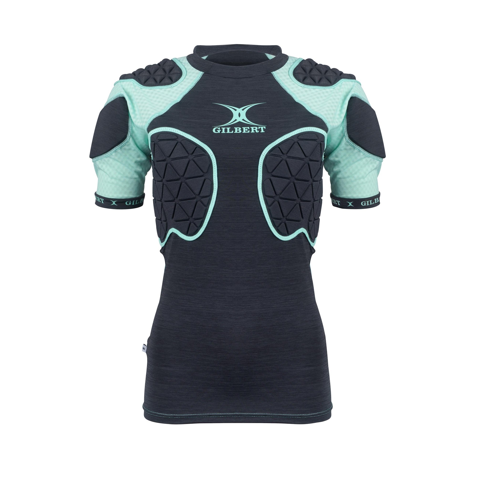 Black women's body armour by Gilbert Rugby, featuring a fitted design with light blue padded shoulder and chest protection, made from breathable material for comfort and mobility.