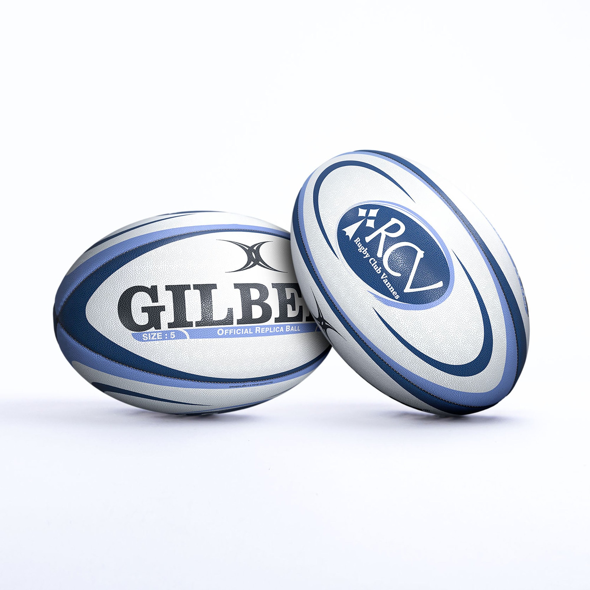 White rugby ball with blue accents, featuring "GILBERT" and "RC V" logos, designed as an official replica for the Rugby Club Vannes 2021/22 season, made of durable synthetic material.