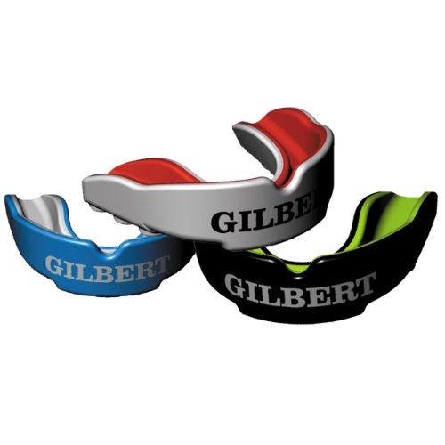 Black dual density mouthguard with "GILBERT" logo, featuring a sleek design and a comfortable fit, part of a collection that includes blue, red, and green variants.