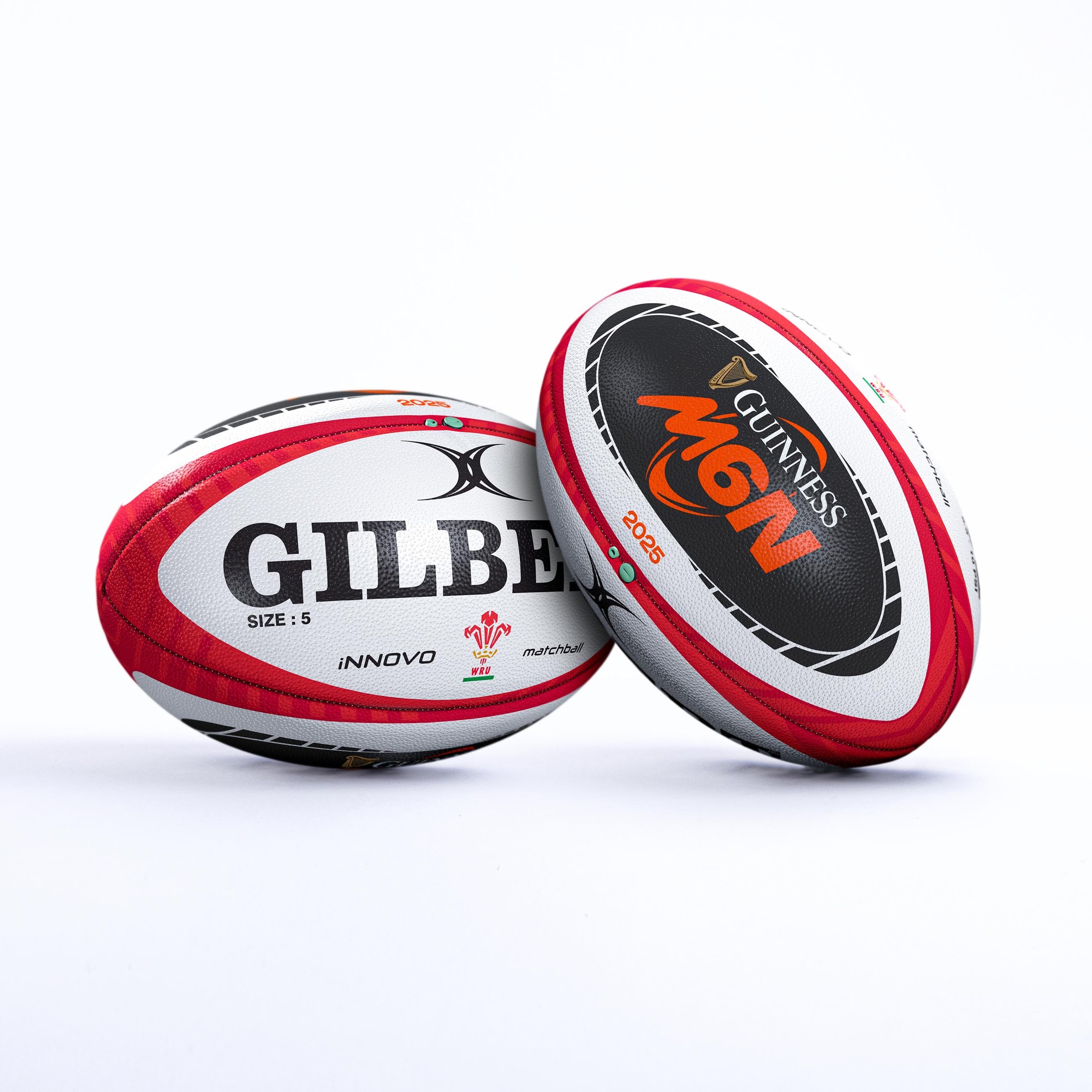 White rugby ball with red and black accents, featuring "GILBERT" and "GUINNESS Six Nations 2025 INNOVO" branding, designed for match play, size 5.