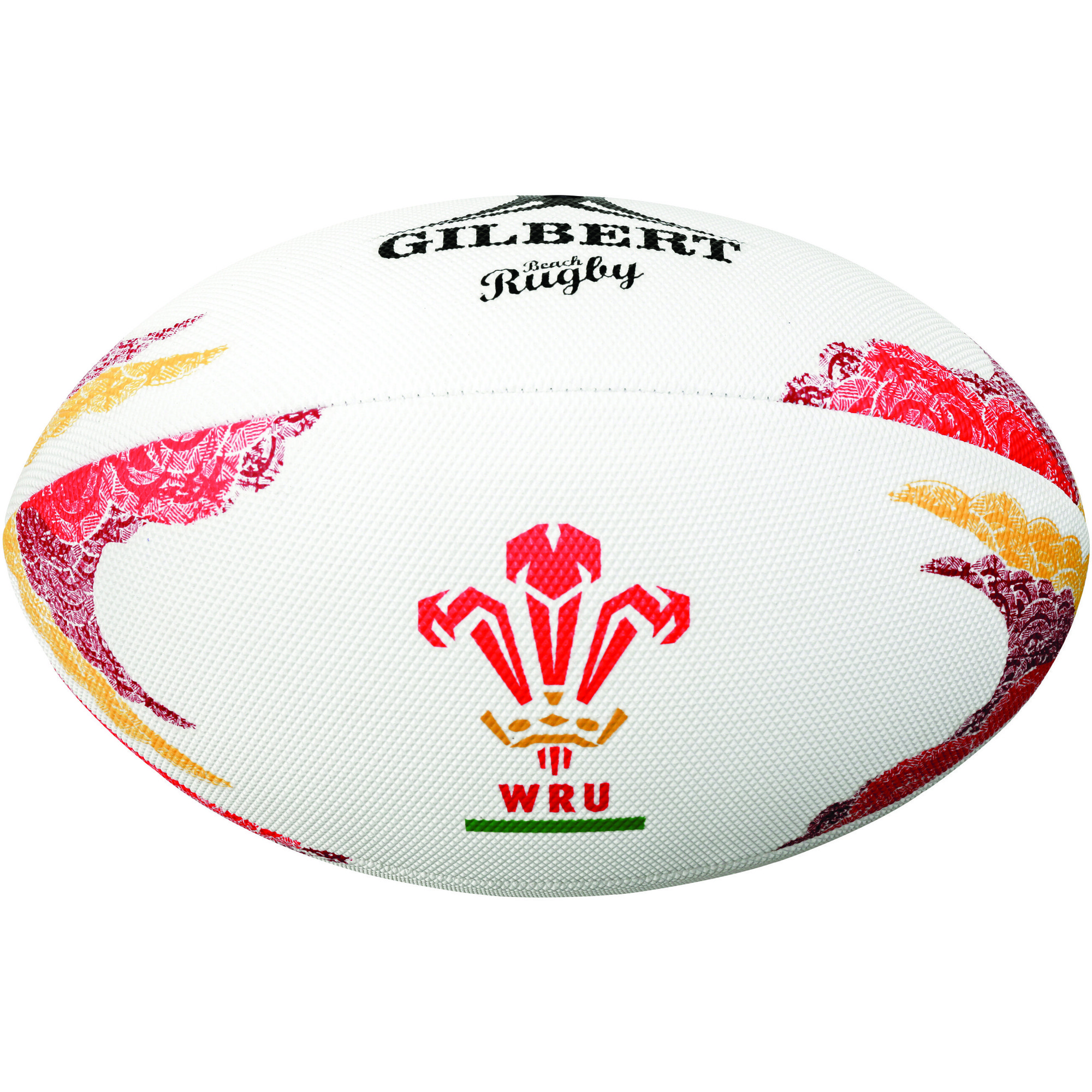 White rugby ball featuring red and yellow dragon designs, the Welsh crest, and "WRU" logo, made of durable material, ideal for fans of Gilbert Rugby and Wales.